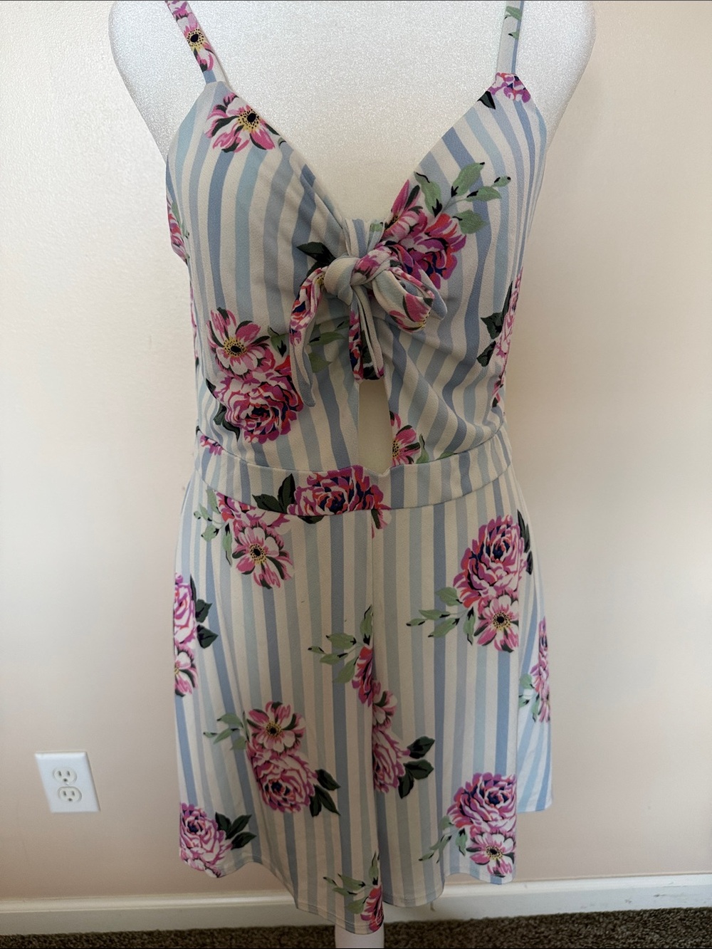 Floral Tie-Front Summer Romper in Light Blue and Pink